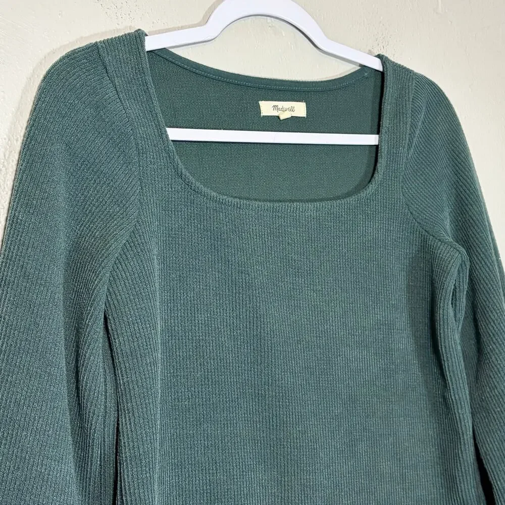 Madewell Square Neck Ribbed Puff Sleeve Top Forest Green‎ MB170 XXS